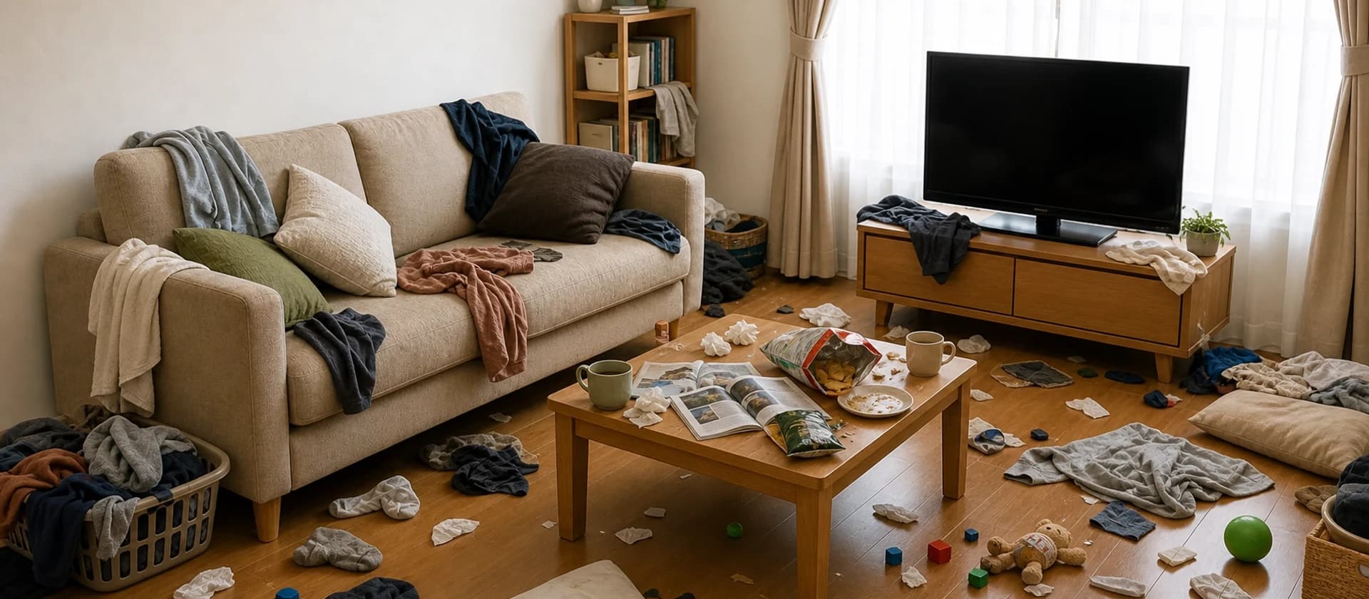 片付け作業前の物が積まれたお部屋